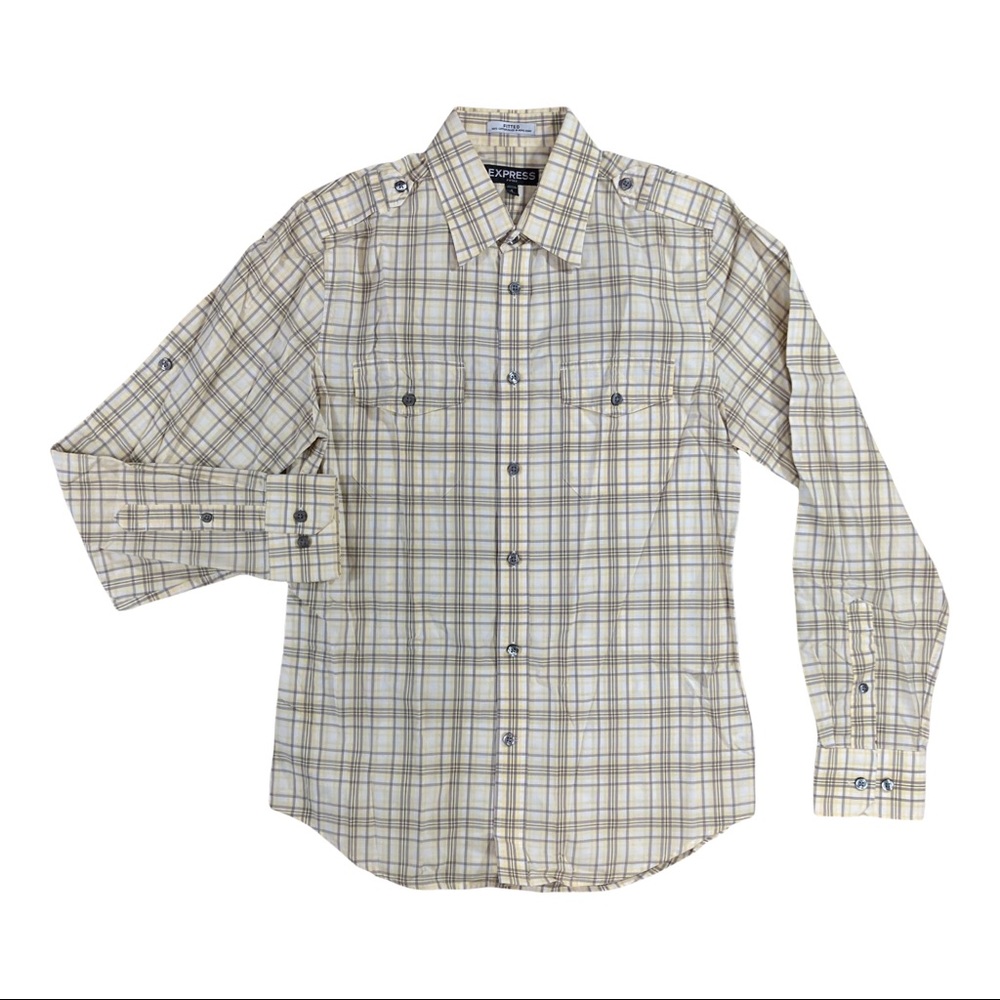 Express mens button up dress shirt yellow white plaid pattern collared SKU 0163